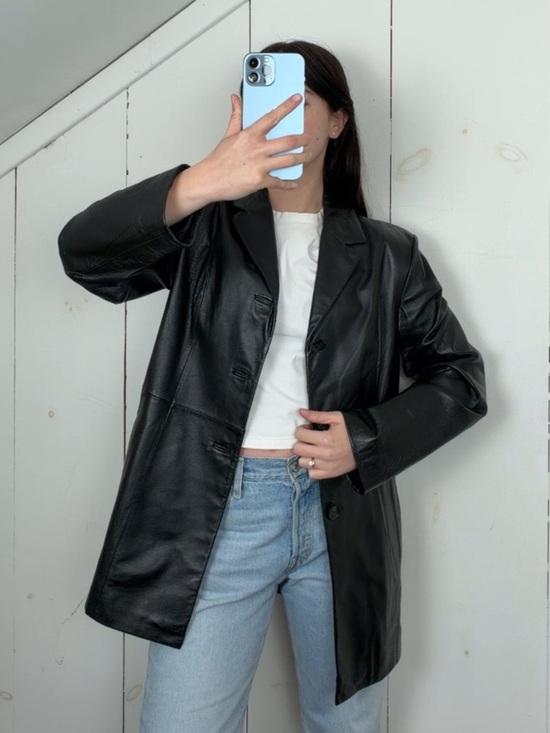 Sonoma Jackets & Blazers - Vintage Sonoma Black Genuine Leather Button Front Blazer Jacket Womens M 90s Y2K